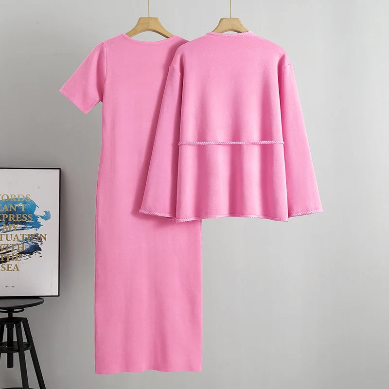 onjunto Executivo Feminino – Tricô Elegante com Casaco Longo e Saia