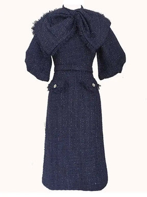 Vestido Tweed – Laço com Tassel, Manga Bufante, Cintura Alta, Slim Vintage Elegante