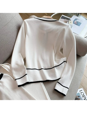 Conjunto Feminino Outono/Inverno Listrado – Cardigan de Tricô + Calça Pantalona