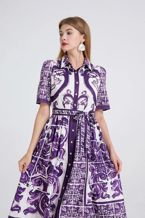 Vestido– Estampa Vintage, Gola Lapela, Cintura com Laço, Elegante, A-Line Slim, Roxo