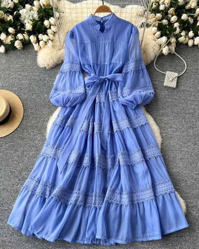 Vestido Renda Longo com Manga Bufante – Renda Delicada e Faixa Ajustável