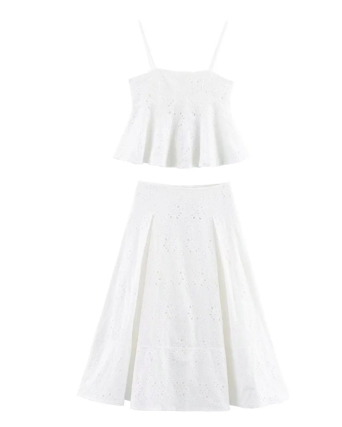 Conjunto – Top Bordado Cropped com Alças Finas + Saia Plissada de Cintura Alta, Modelo A-Line