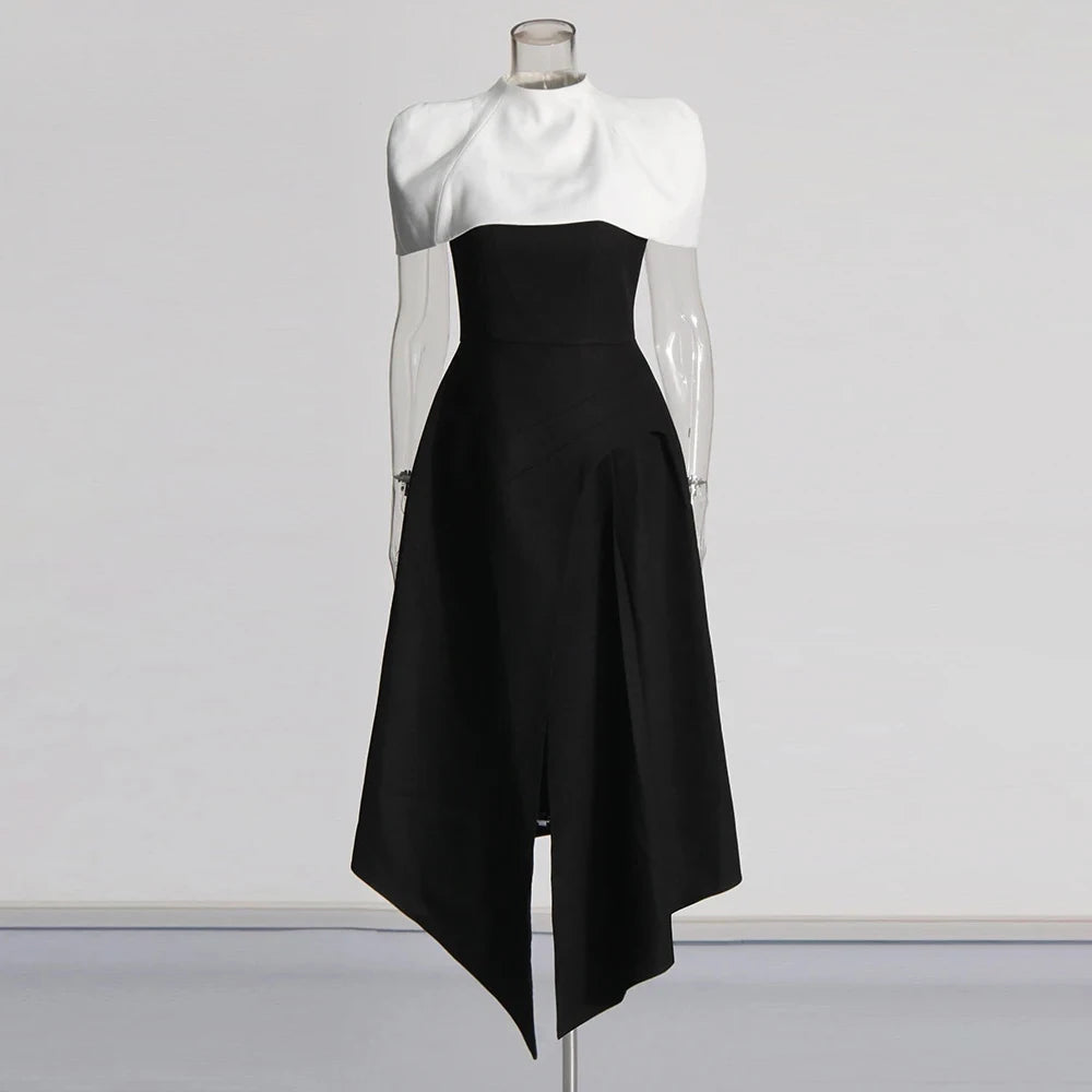 Vestido Longo Bicolor com Decote Reto – Cintura Alta e Saia Plissada em Silhueta Escultural