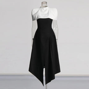 Vestido Longo Bicolor com Decote Reto – Cintura Alta e Saia Plissada em Silhueta Escultural