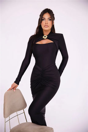 Vestido Maxi Sexy com Fivela de Metal