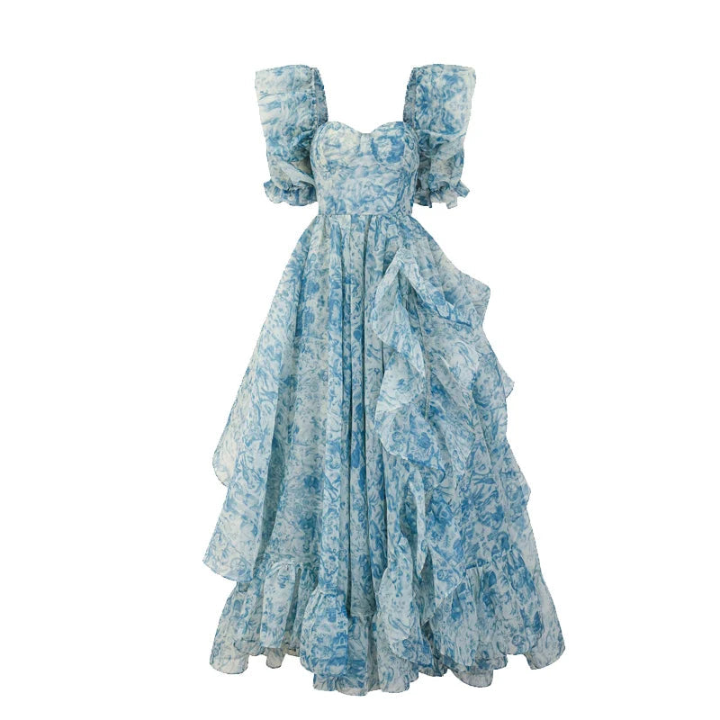 Vestido Runway – Floral Elegante com Mangas Bufantes, Babados em Camadas e Estilo Princesa para Festa