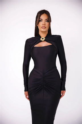 Vestido Maxi Sexy com Fivela de Metal