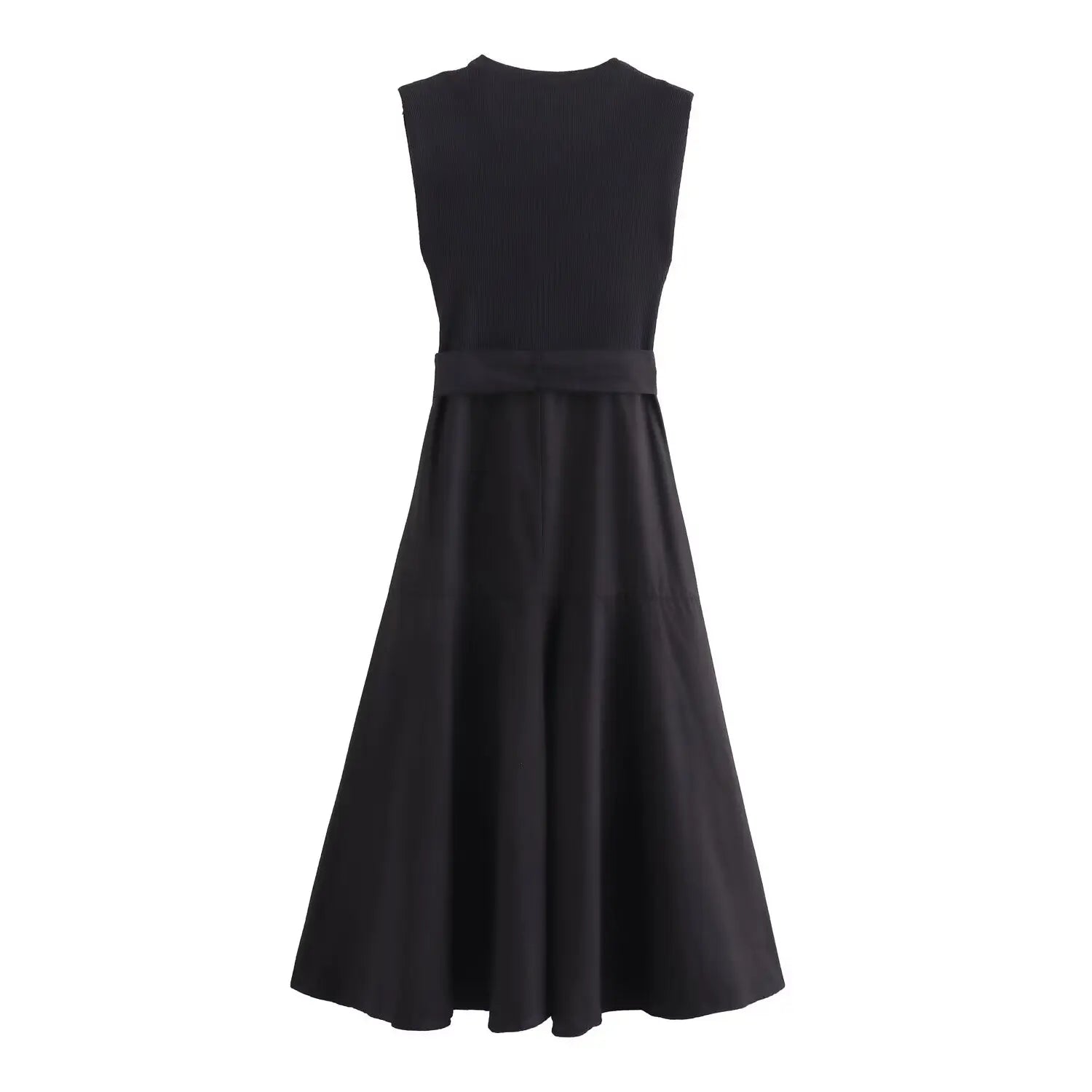 Vestido Longo Estilo Francês  com Cinto Gola Redonda