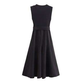 Vestido Longo Estilo Francês  com Cinto Gola Redonda