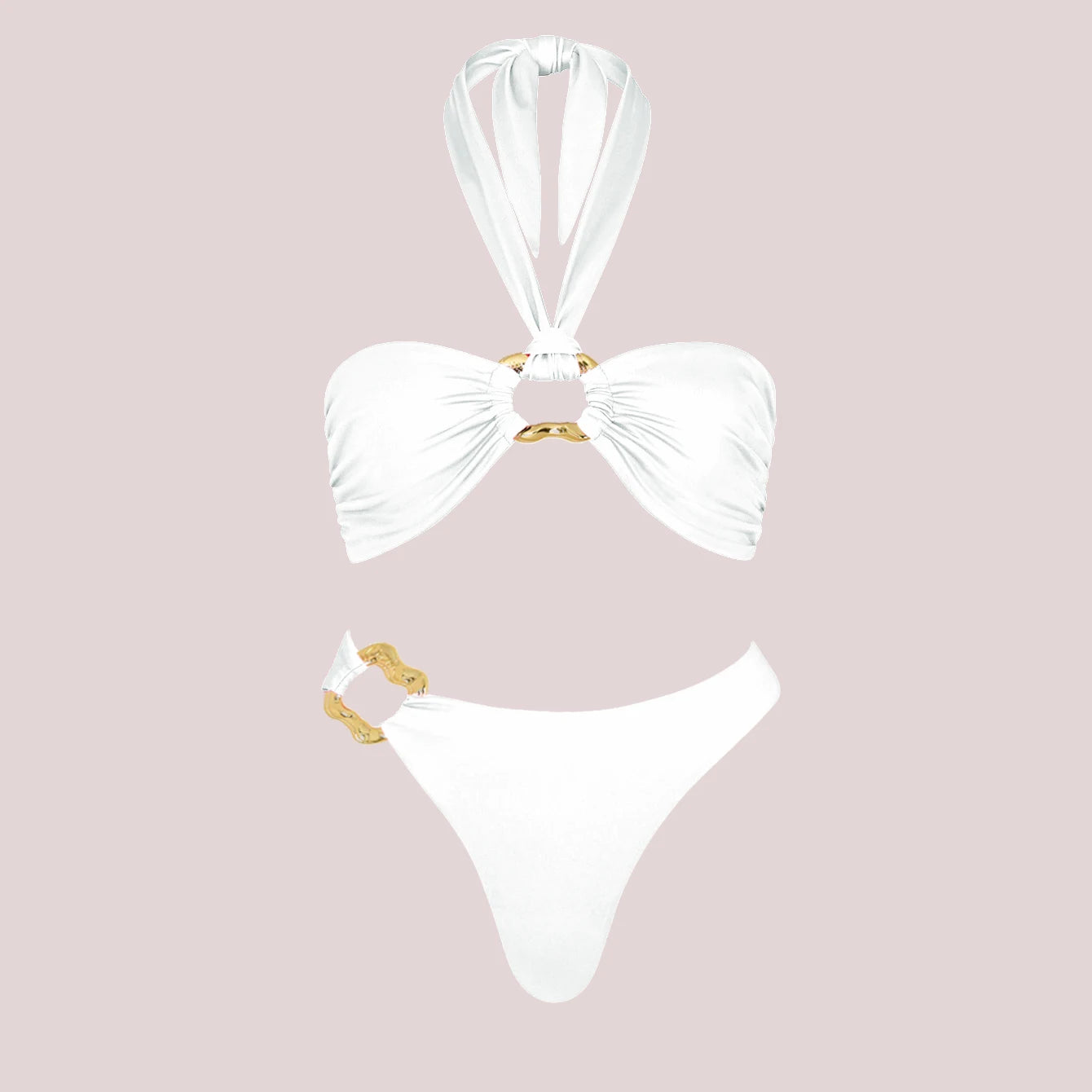 Conjunto Luxuoso com Pérolas – Biquíni Halter 3 Peças com Saída Ombro a Ombro