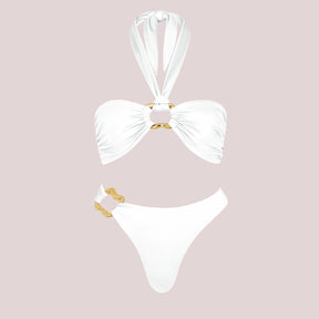 Conjunto Luxuoso com Pérolas – Biquíni Halter 3 Peças com Saída Ombro a Ombro