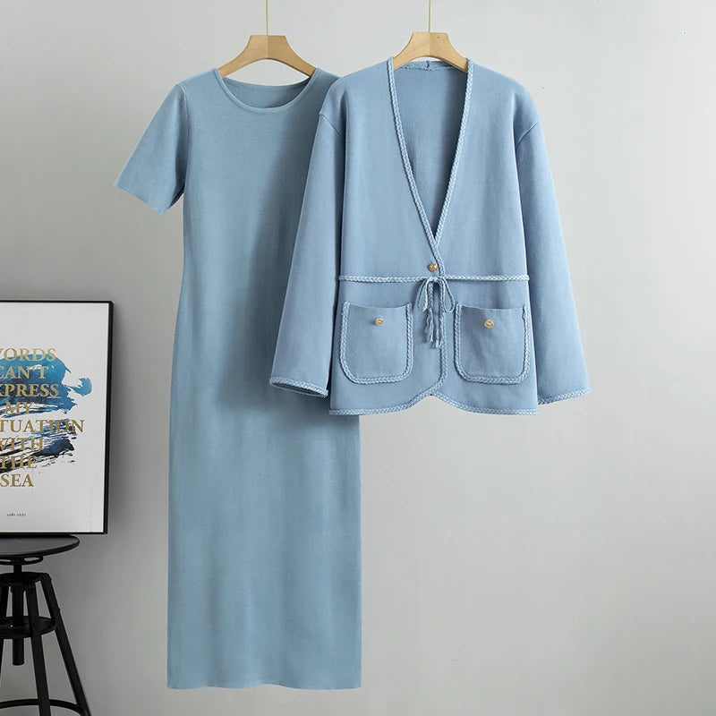 onjunto Executivo Feminino – Tricô Elegante com Casaco Longo e Saia