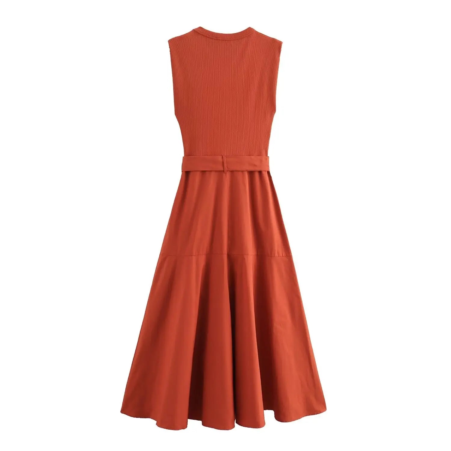 Vestido Longo Estilo Francês  com Cinto Gola Redonda
