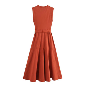 Vestido Longo Estilo Francês  com Cinto Gola Redonda