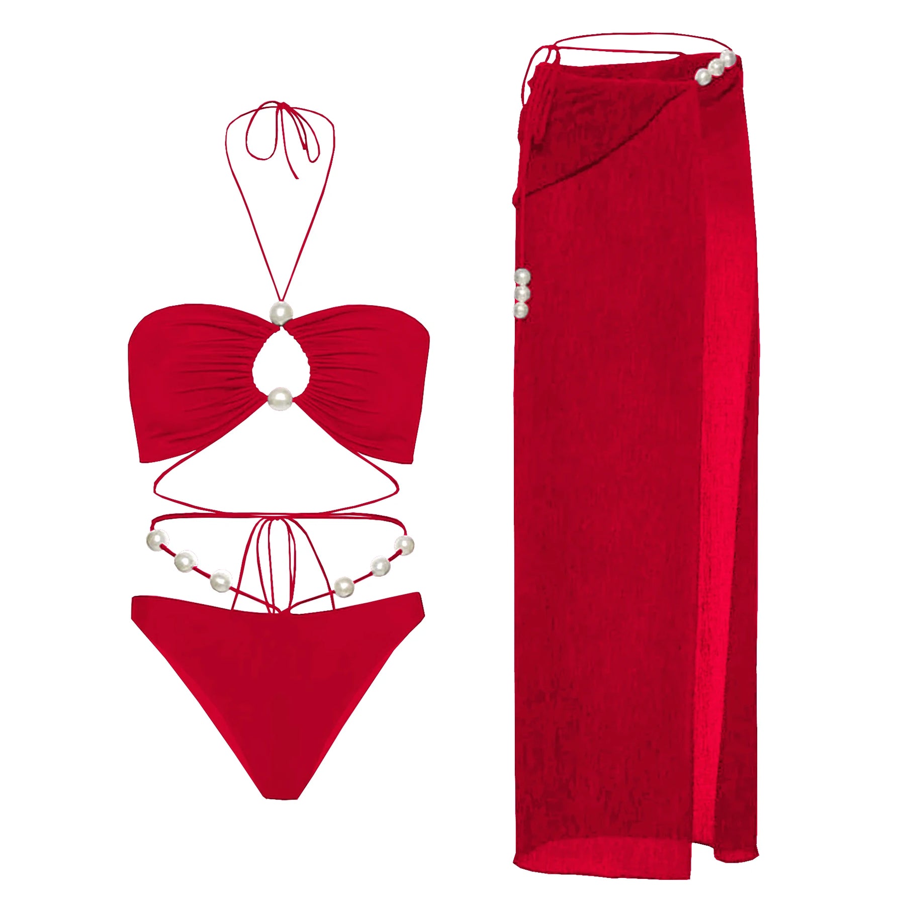 Conjunto Luxuoso com Pérolas – Biquíni Halter 3 Peças com Saída Ombro a Ombro