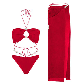 Conjunto Luxuoso com Pérolas – Biquíni Halter 3 Peças com Saída Ombro a Ombro