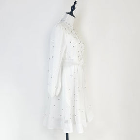 Vestido Lehor – Bordado com Strass, Mangas Lanternas Longas e Botões de Strass