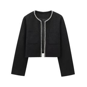 Conjunto Elegante Tweed com Cardigan Bordado em Strass e Saia de Cintura Alta