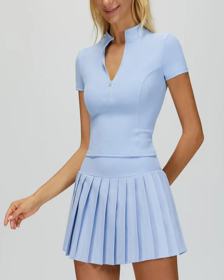 Conjunto Esportivo Feminino – Blusa com Zíper + Saia Plissada Cintura Alta | Tênis, Golfe e Treinos