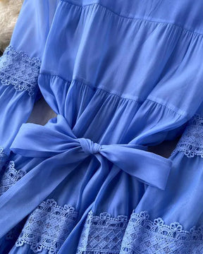 Vestido Renda Longo com Manga Bufante – Renda Delicada e Faixa Ajustável