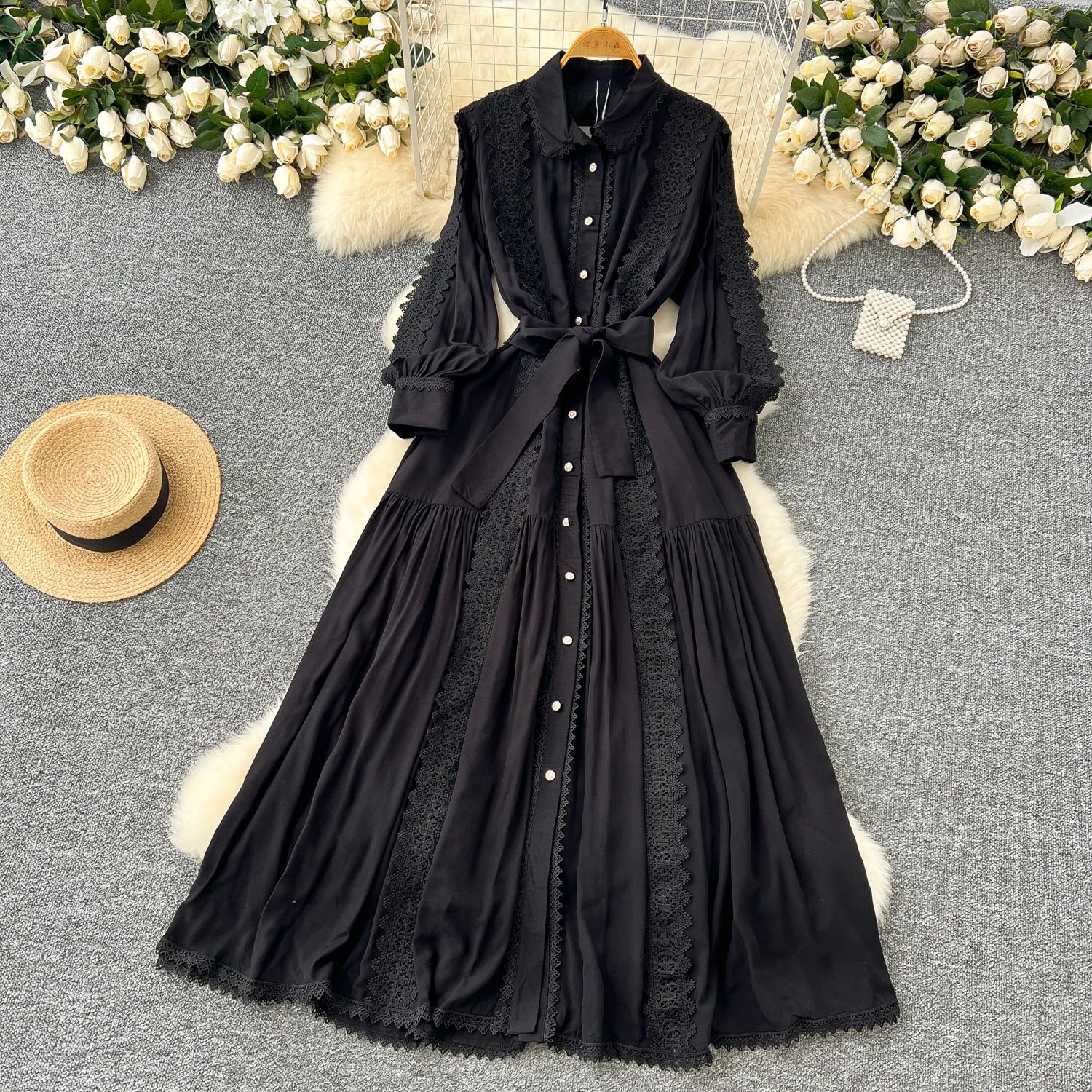 Vestido Longo com Renda e Botões Frontais – Modelagem A-line e Cintura Ajustável