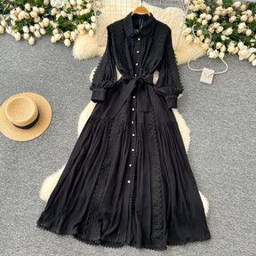 Vestido Longo com Renda e Botões Frontais – Modelagem A-line e Cintura Ajustável