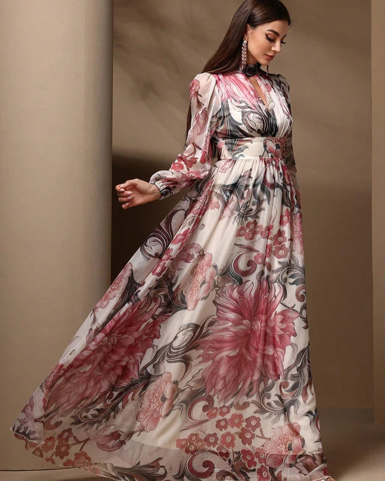 Vestido Longo Floral – Recortes Sofisticados, Manga Longa e Amarração nas Costas