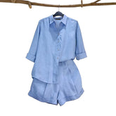 Conjunto Casual – Camisa de Manga Longa e Shorts de Cintura Alta