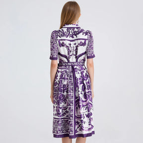 Vestido– Estampa Vintage, Gola Lapela, Cintura com Laço, Elegante, A-Line Slim, Roxo