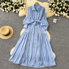 Vestido Longo com Renda e Botões Frontais – Modelagem A-line e Cintura Ajustável