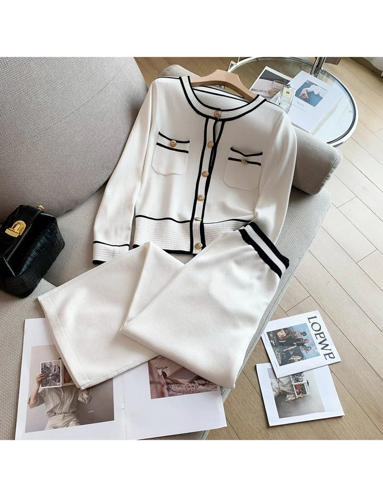 Conjunto Feminino Outono/Inverno Listrado – Cardigan de Tricô + Calça Pantalona