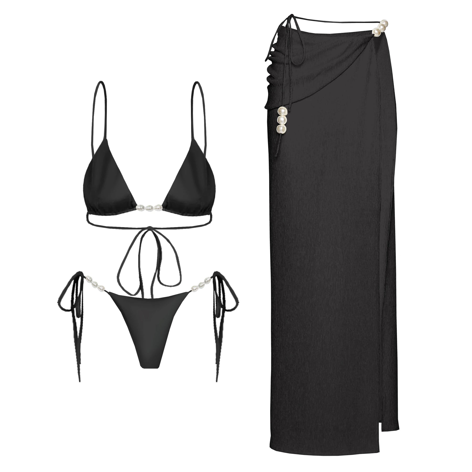 Conjunto Luxuoso com Pérolas – Biquíni Halter 3 Peças com Saída Ombro a Ombro