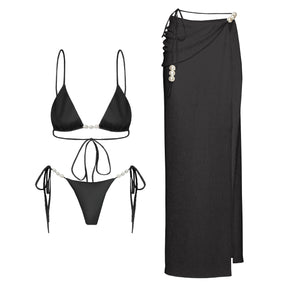 Conjunto Luxuoso com Pérolas – Biquíni Halter 3 Peças com Saída Ombro a Ombro