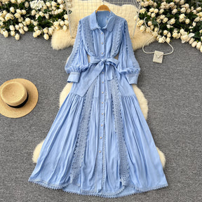 Vestido Longo com Renda e Botões Frontais – Modelagem A-line e Cintura Ajustável