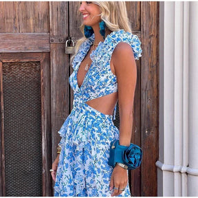 Vestido Longo Feminino Estampado com Babados