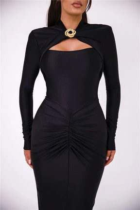 Vestido Maxi Sexy com Fivela de Metal