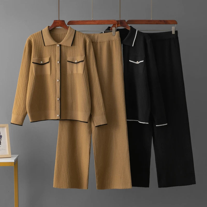 Conjunto Feminino - Estilo Francês em Tricô com Gola Polo e Calça Longa