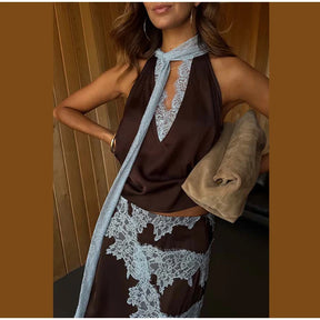 Conjunto Luxo com Renda Contrastada e Saia Longa – Elegância Atemporal