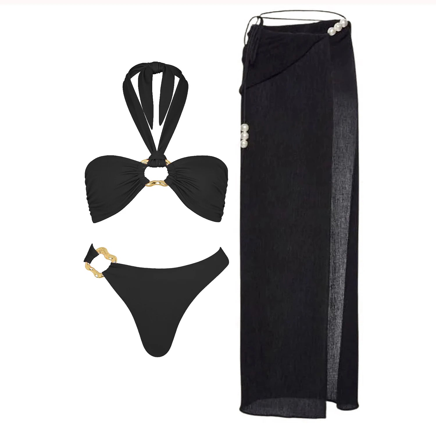 Conjunto Luxuoso com Pérolas – Biquíni Halter 3 Peças com Saída Ombro a Ombro