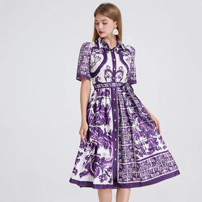 Vestido– Estampa Vintage, Gola Lapela, Cintura com Laço, Elegante, A-Line Slim, Roxo
