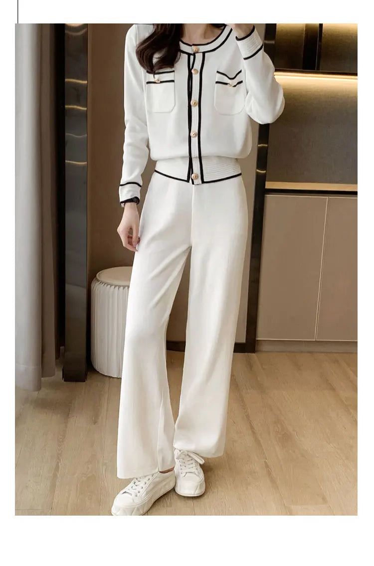 Conjunto Feminino Outono/Inverno Listrado – Cardigan de Tricô + Calça Pantalona
