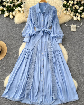 Vestido Longo com Renda e Botões Frontais – Modelagem A-line e Cintura Ajustável