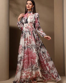 Vestido Longo Floral – Recortes Sofisticados, Manga Longa e Amarração nas Costas