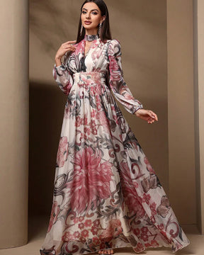 Vestido Longo Floral – Recortes Sofisticados, Manga Longa e Amarração nas Costas