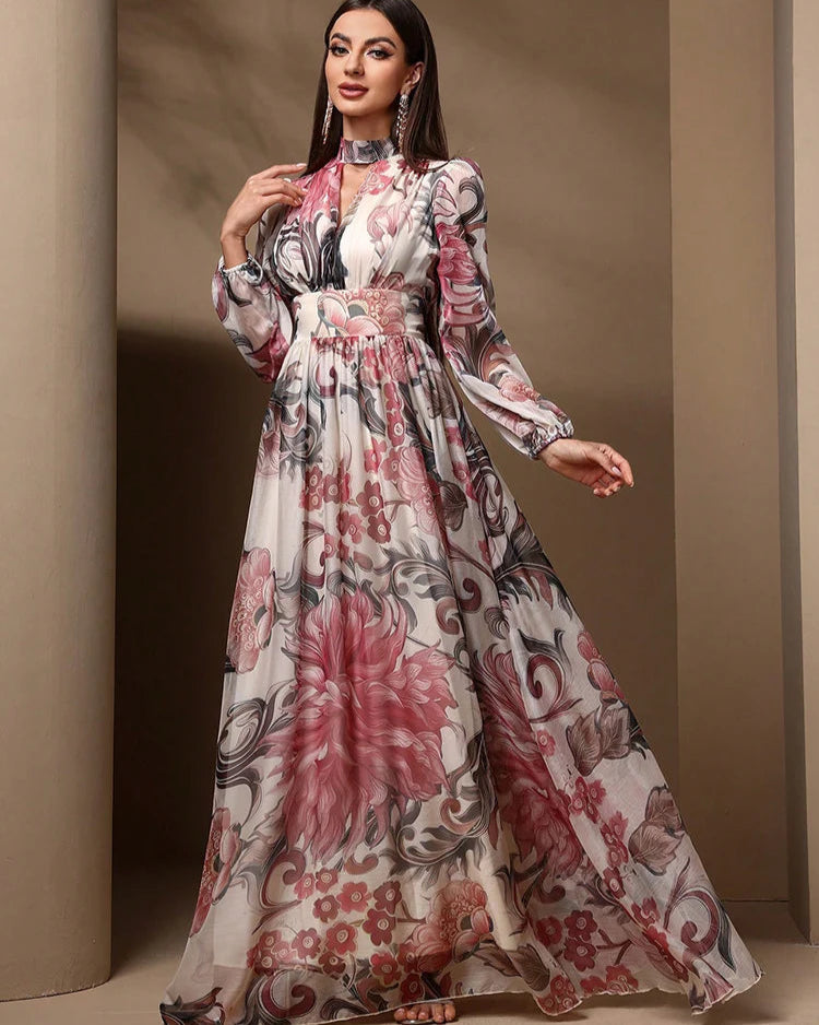 Vestido Longo Floral – Recortes Sofisticados, Manga Longa e Amarração nas Costas