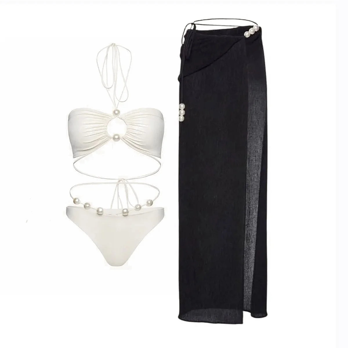 Conjunto Luxuoso com Pérolas – Biquíni Halter 3 Peças com Saída Ombro a Ombro