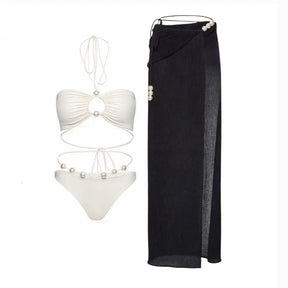 Conjunto Luxuoso com Pérolas – Biquíni Halter 3 Peças com Saída Ombro a Ombro