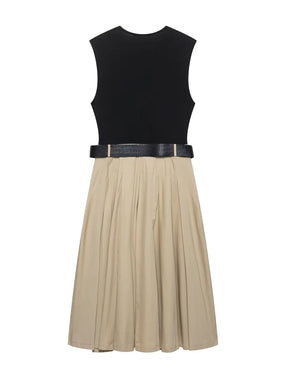 Vestido com Cinto + Saia Midi Plissada, Cintura Alta, Decote Redondo