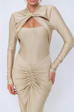 Vestido Maxi Sexy com Fivela de Metal