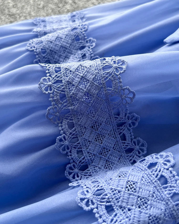 Vestido Renda Longo com Manga Bufante – Renda Delicada e Faixa Ajustável